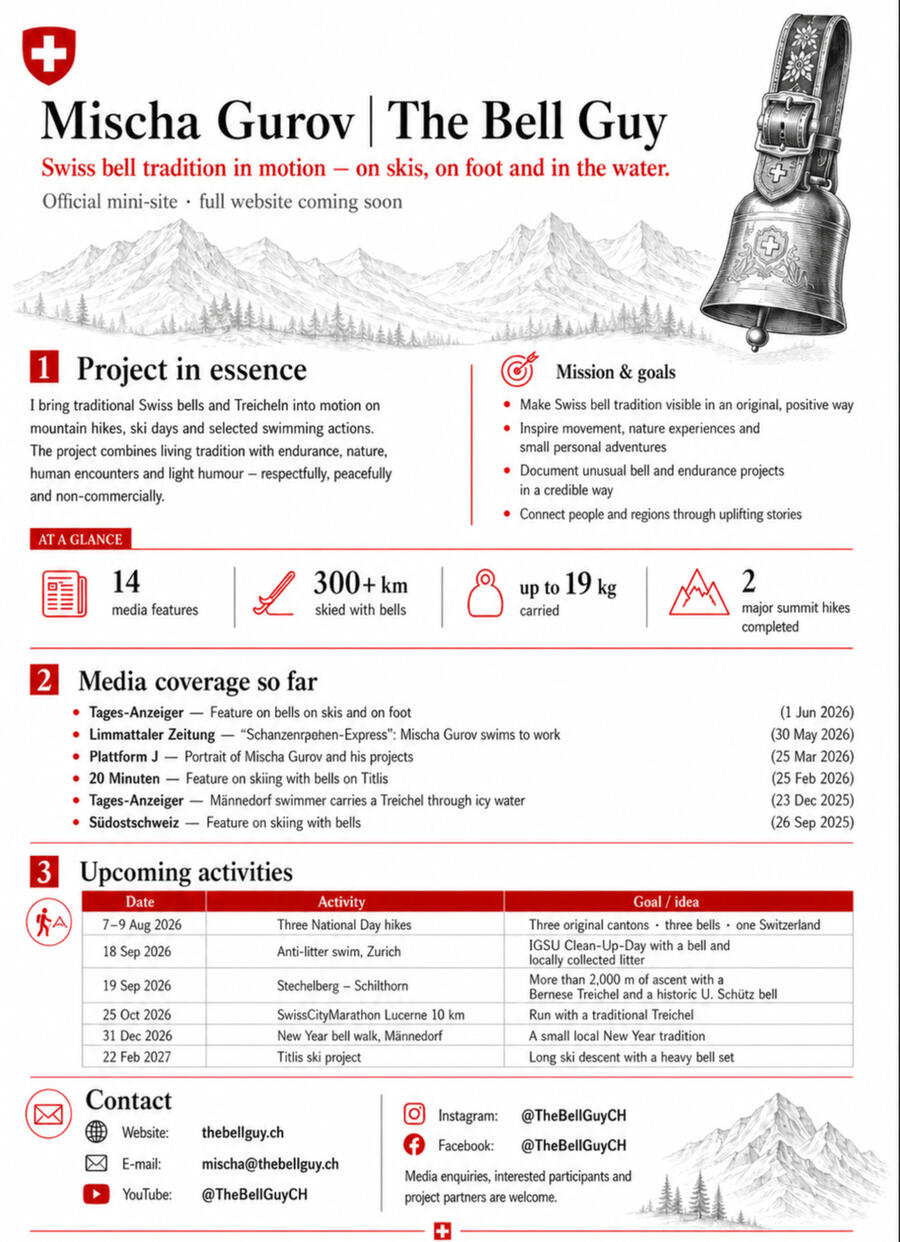 Mischa Gurov | The Bell Guy – Swiss bell, swimming, hiking and skiing projects Overview of Mischa Gurov The Bell Guy projects in Switzerland, including Swiss bell skiing, hiking, swimming to work in Zurich and environmental clean-up activities