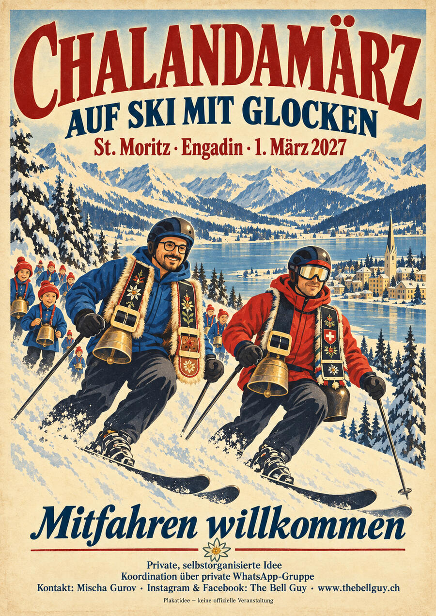 Chalandamarz 2027 – Swiss bells on skis in St. Moritz Vintage-style Chalandamarz 2027 poster showing skiers with traditional Swiss bells in St. Moritz, Engadin, for the planned 1 March 2027 bell-and-ski project